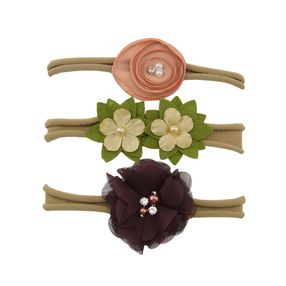 Children'S Nylon Headband Three-Piece Elastic Soft Headband Green Flower Headgear Versatile Head Flower Set