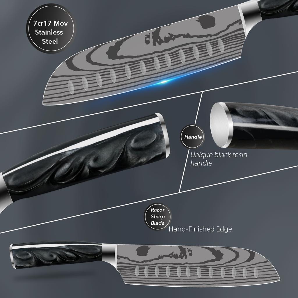 Kitchen Knife Japanese Chef Knife Damascus Steel Laser 7CR17 Meat Cleaver Santoku Butcher Knife Cooking Tools for Fish Vegetable