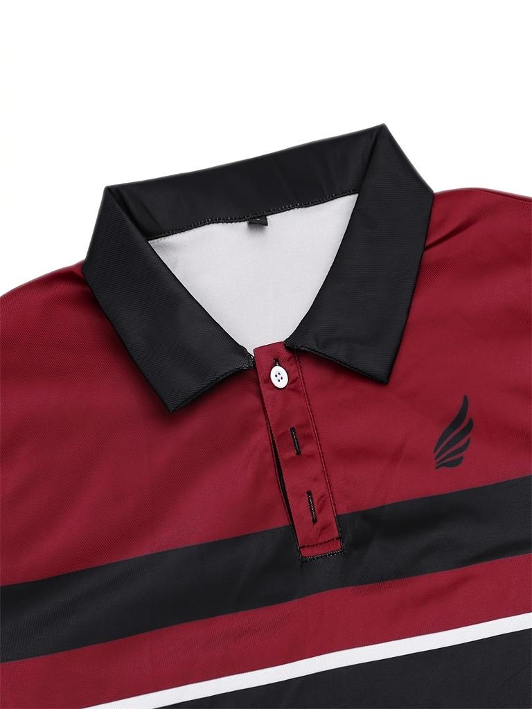 Men's Short-Sleeve Polo Shirt with Button Design, Simple Vintage Style in Wine Red with Contrast Color Print, Suitable for Camping and Outdoor Wear,