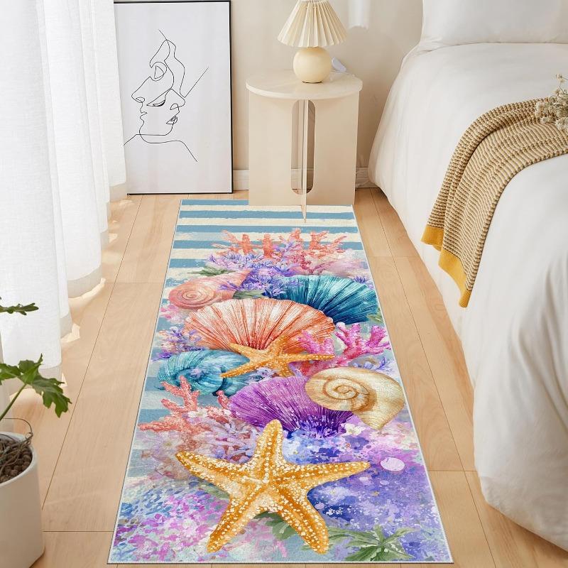 Cartoon Beach Scene Illustration Runner Rug Vacation Lifebuoy Shell Starfish Print Carpet Non-Slip Hallway Living Room Floormat