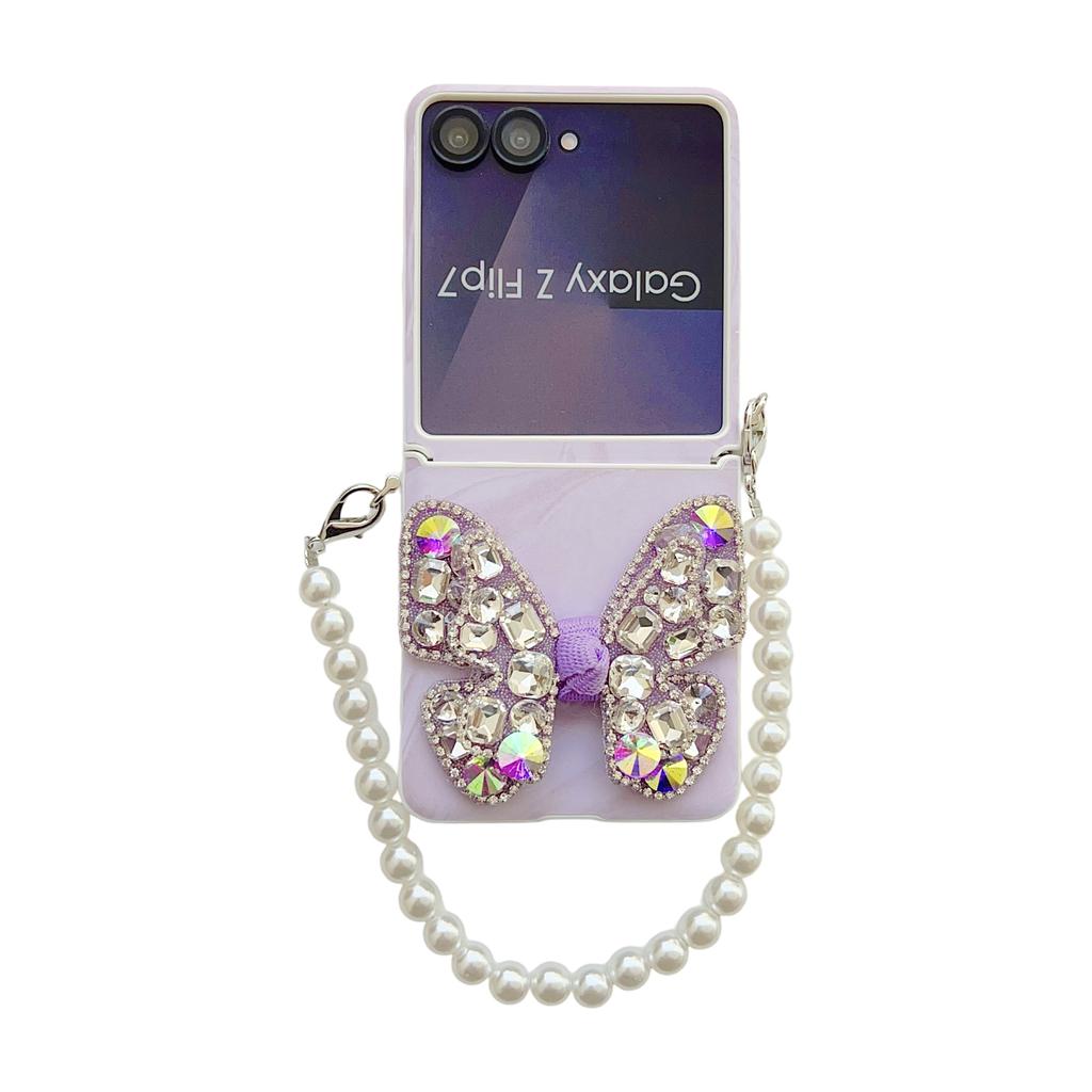 Butterfly Diamond and Gorgeous Pearl Wrist Phone Case for Samsung Galaxy Z Flip 7 FE 6 5 4 Start Wrist Strap Protective Cover
