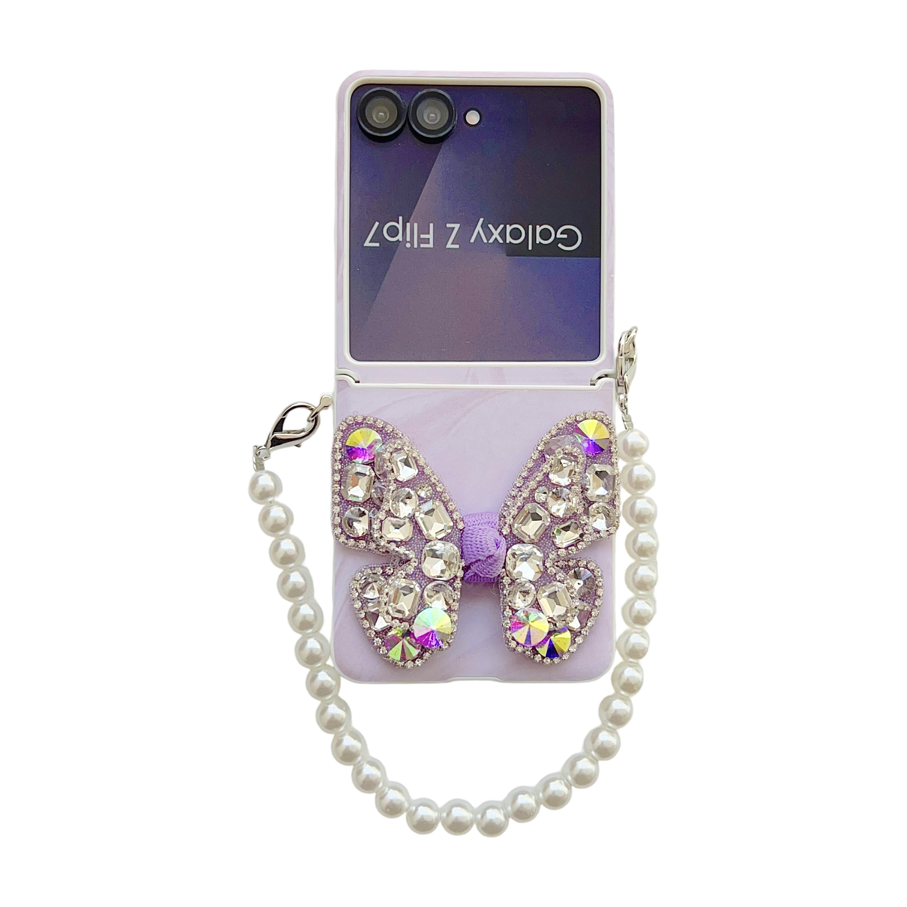 

Butterfly Diamond and Gorgeous Pearl Wrist Phone Case for Samsung Galaxy Z Flip 7 FE 6 5 4 Start Wrist Strap Protective Cover Galaxy Z Flip6 фіолетовий