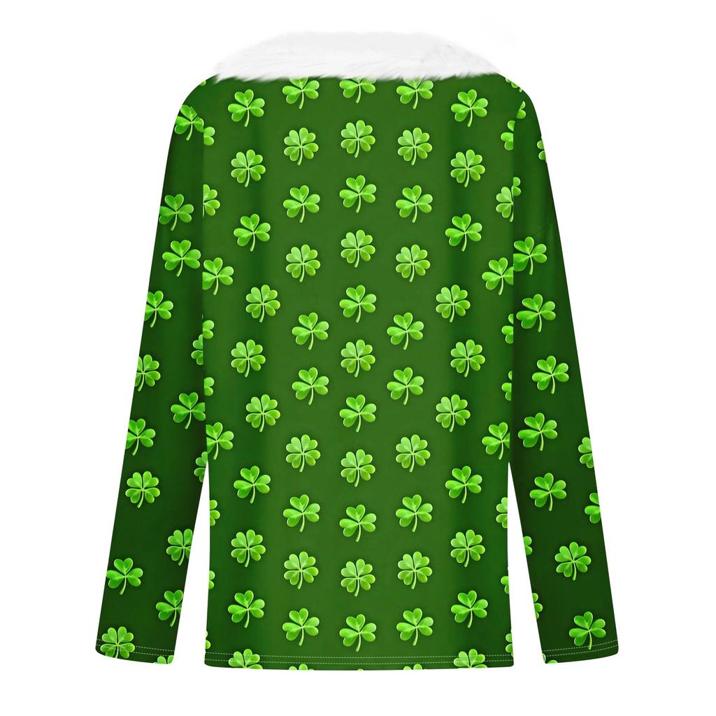 Women's Loose Casual Long Sleeved Printed Plush Collar V Neck Top, Long Sleeved Top