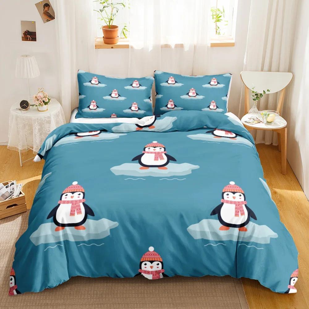 Penguin Bedding Set Twin Cute Animal Pattern Kids Teen Duvet Cover Set 3Pcs Cute Cartoon Penguin Animal Pattern Duvet Cover