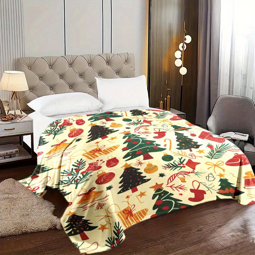 Cozy Christmas Blanket with Festive Trees & Stockings Design Soft, Warm Flannel Throw for Naps, Camping, Travel