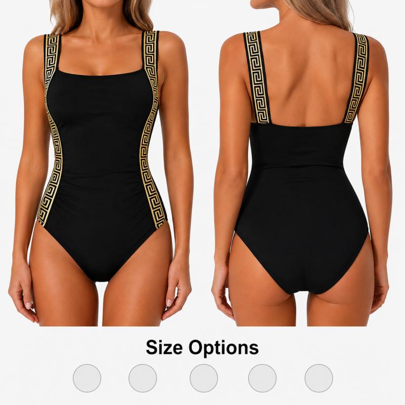 Women One Piece Swimsuit Black Sleeveless Bikini Swimwear With Contrast Trim Wide Straps For Adult Beach Pool Swimming Water Sports