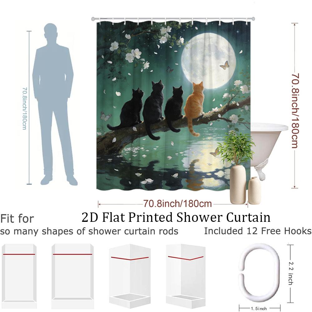 1pc Cat Moonlight Shower Curtain Floral Butterflies Night Scene Bathroom Decor Bath Hanging Curtain 70.8x70.8 Inch with Hooks Fo