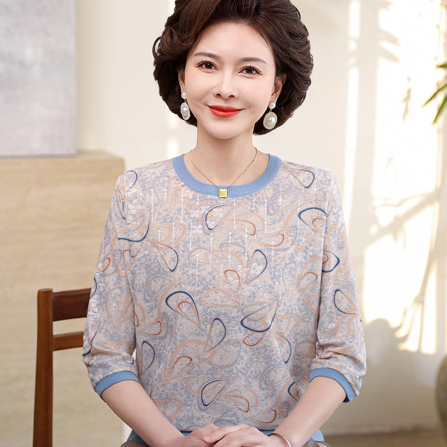 

Ice Silk Seven-Sleeve Round Neck T-Shirt for Women: Perfect for Mom and Grandma 5XL (150-165 lbs) синий