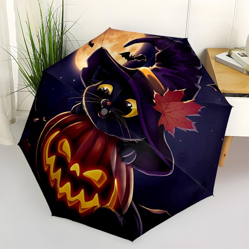 1pc Halloween Cat Automatic Folding Umbrella Portable Collapsible Umbrella for All Seasons, 8-Rib Durable Construction, Perfect Gift 076