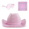 3pcs/Set Wide Brim Sparkling Powder Denim Hat Bandana Pink Cowboy Hat  Costume Party