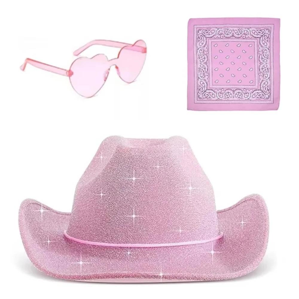 3pcs/Set Wide Brim Sparkling Powder Denim Hat Bandana Pink Cowboy Hat  Costume Party