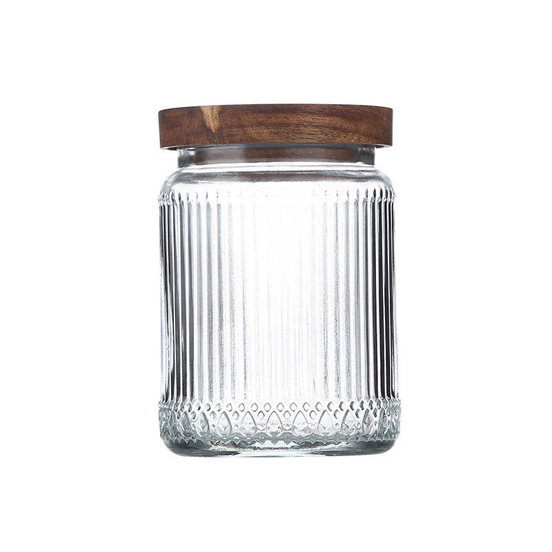 Large Glass Storage Jar with Striped Wooden Lid, Airtight & Food-Grade, Round Transparent Chinese Kitchen Collectible