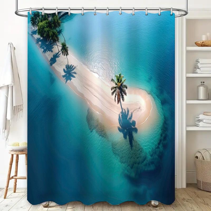 3D Printed Beach Shower Curtain Waterproof Fabric for Bathroom Decor Ocean Blue Tropics with Palm Trees, Size180 X 200 Cm (70x79
