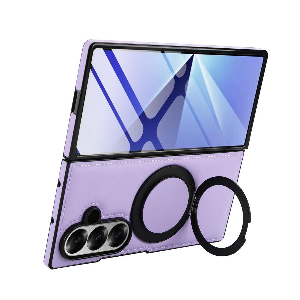 Suitable for Samsung Zfold7 6 5 Leather Pattern 360 Rotating Bracket Mobile Phone Case with Tempered Film Full Cover Anti Fall Shell