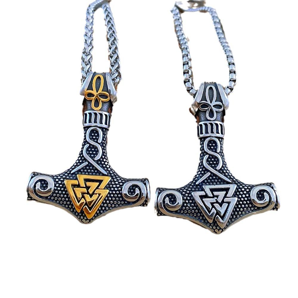 Stainless Steel Men's Pendant Necklace Viking Odin Celtic Triangle Knot Thor's Hammer