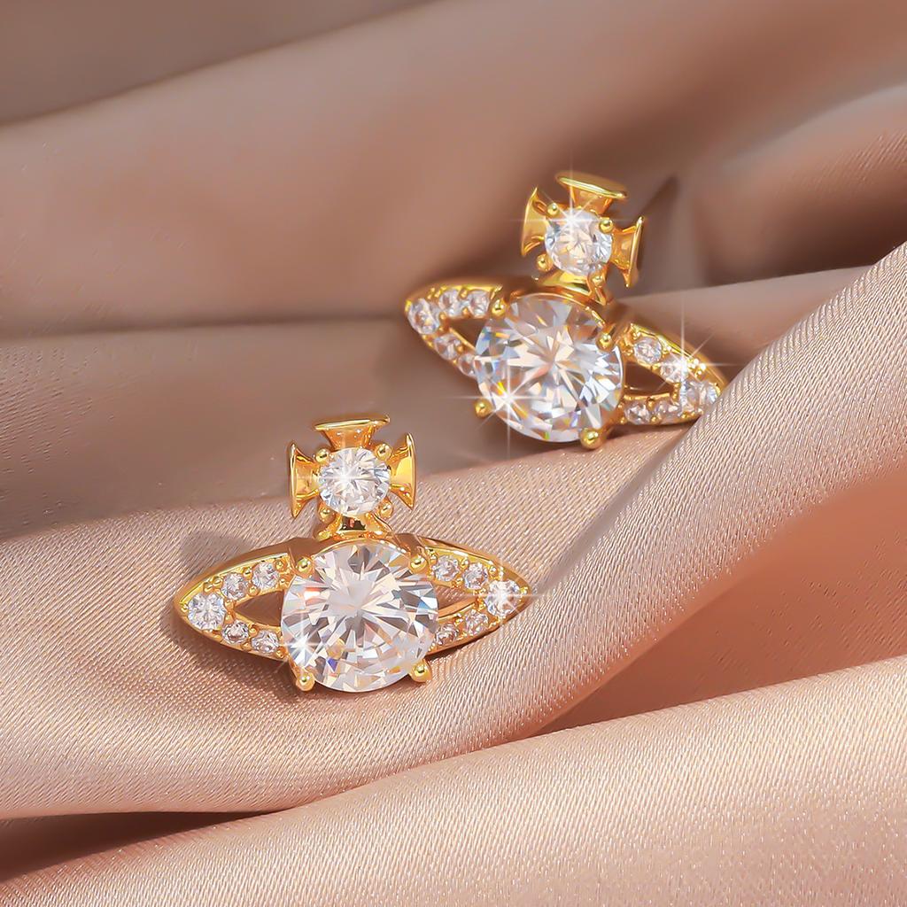 Chic Saturn - Shaped Crystal Stud Earrings Sparkling Unique Design Posting Earrings For Women Elegant Date Jewelry