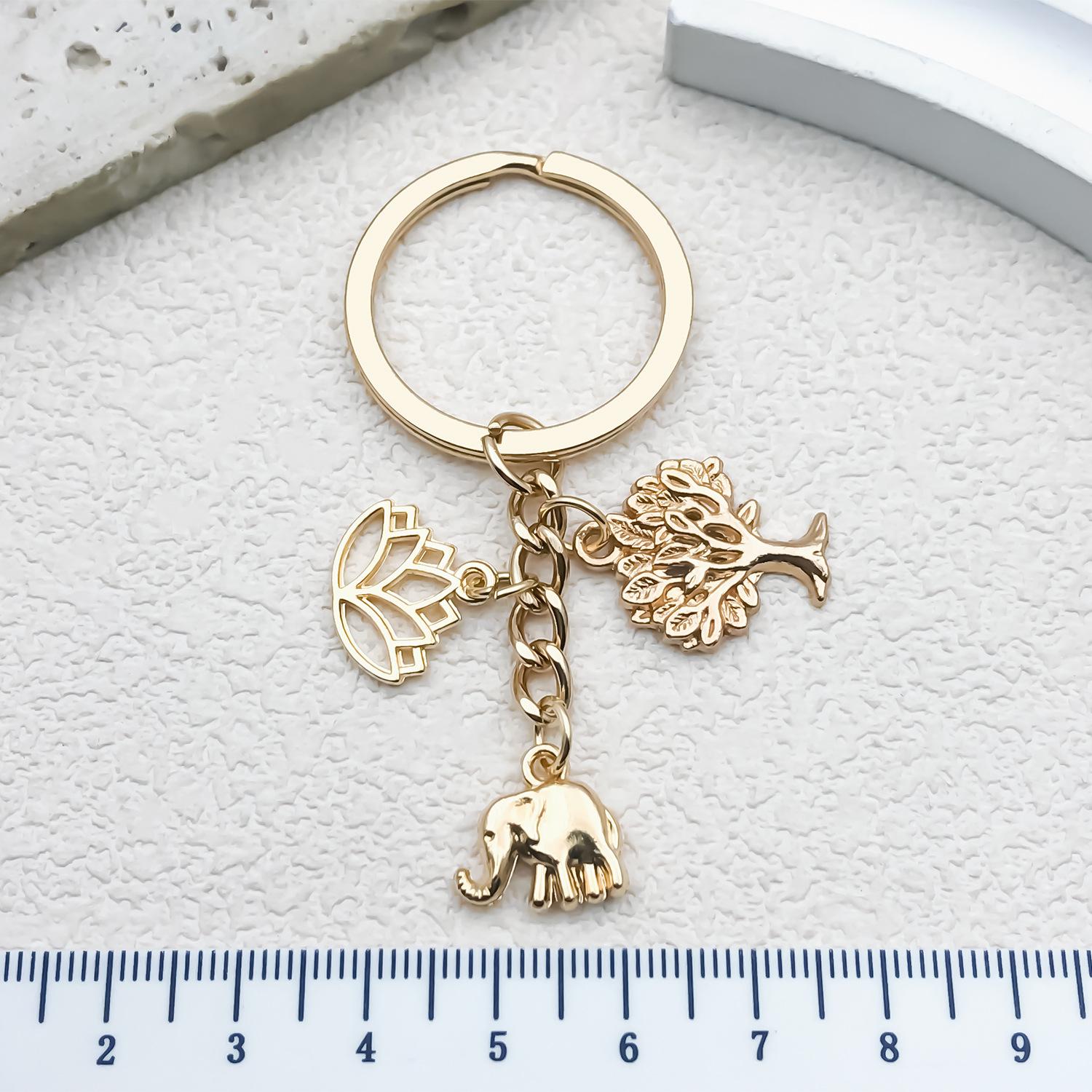 Gold Elephant Lotus Tree Keychain Charm - Unique Gift for Couples or Friends
