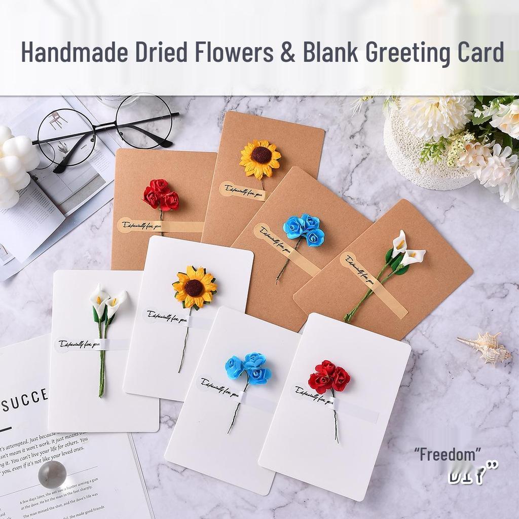 Retro Kraft Paper Greeting Card with Dried Flowers – DIY for Birthdays, Qixi, Teachers, Christmas & More