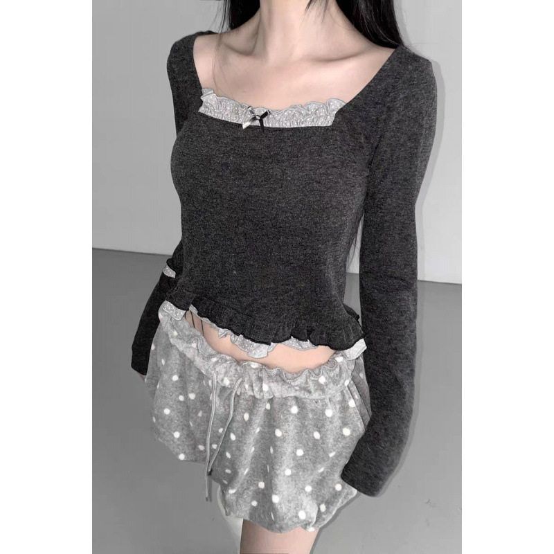 

In Stock: Korean Dongdaemun Spring Vintage Youthful Polka Dot Ruffle Patchwork Short Long-Sleeve Base Shirt T-Shirt Dark Gray One size fits all