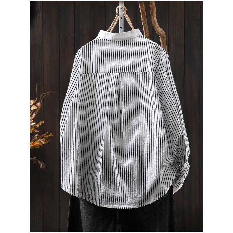 Women's Striped Stand Collar Cotton Shirt Casual Loose Long Sleeve Button-Down Blouse