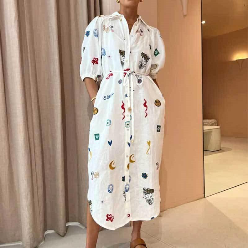 

European & American Women s Printed Lapel Long Shirt Dress with Slimming Belt 661 for 2026 3XL