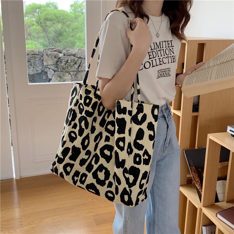 Fashionable Beige Leopard Print Canvas Tote Bag - Large Capacity Shoulder Handbag for Female Students