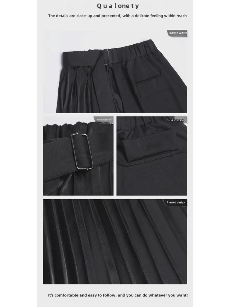 Women's Japanese Dark Style Two-Piece Set: Irregular Short Sleeve Top & Pleated Midi Skirt.