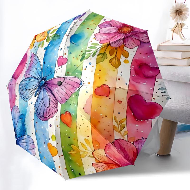 1pc Butterfly Rainbow Flowers Hearts Automatic Open/close Umbrella, 8-Rib sturdy structure, Auto Folding/Opening, Portable Travel Umbrella for Women