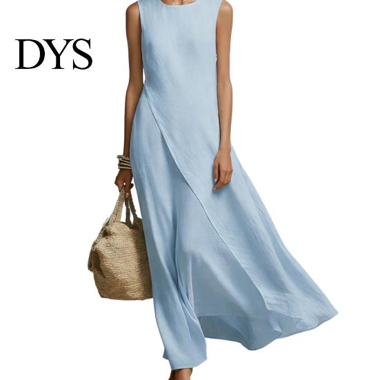Simple Dress Women's Sleeveless Cotton Linen Dress, Casual Irregular Hem Crew Women Neck Long Summer Loose Beach Vacation Sundress Fit