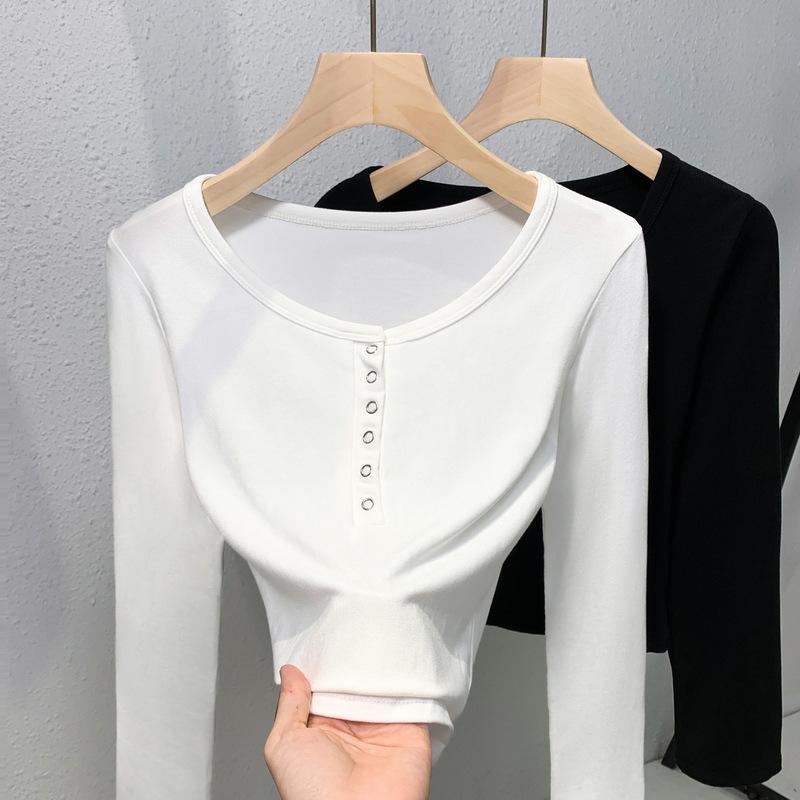 

Белая базовая футболка с круглым вырезом, женская новая ранняя осенняя рубашка с длинными рукавами, закрывающая живот и демонстрирующая тонкий верх 2XL белый