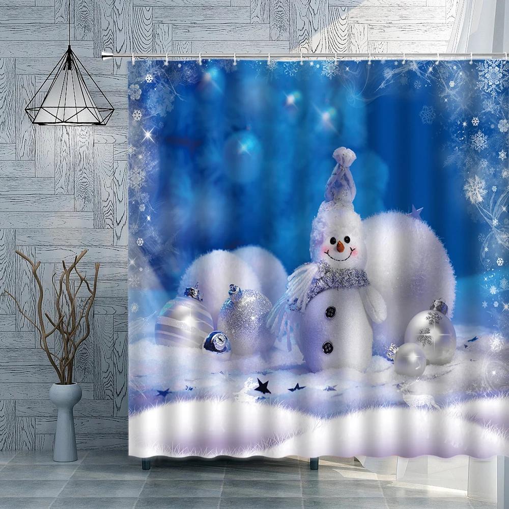 

Christmas Ball Pine Shower Curtain Christmas Gift New Year Decoration Snowman Fabric Bathroom Sccessory Set Bathroom Curtain W90XH180cm