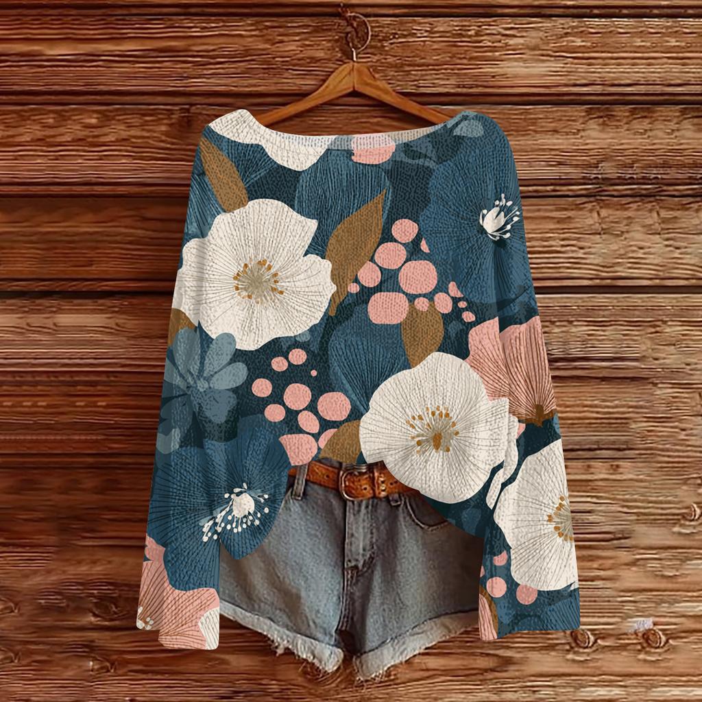 Women's Lightweight Sweater Casual Long Sleeve Knitted Vintage Floral Print Pullover