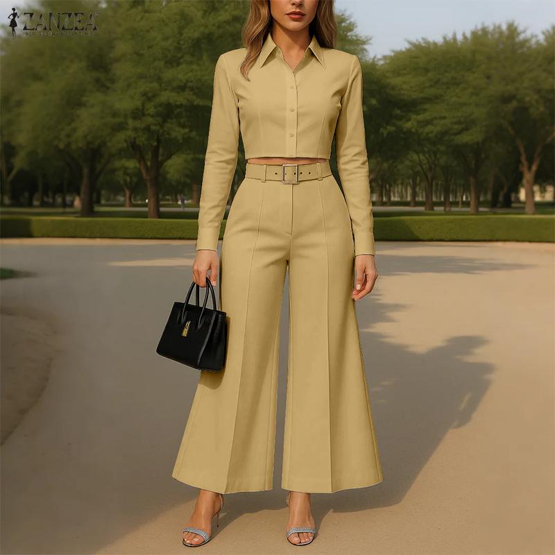 ZANZEA Women Long Sleeve Cropped Blouse and Pants Casual Two Piece Suit Sets