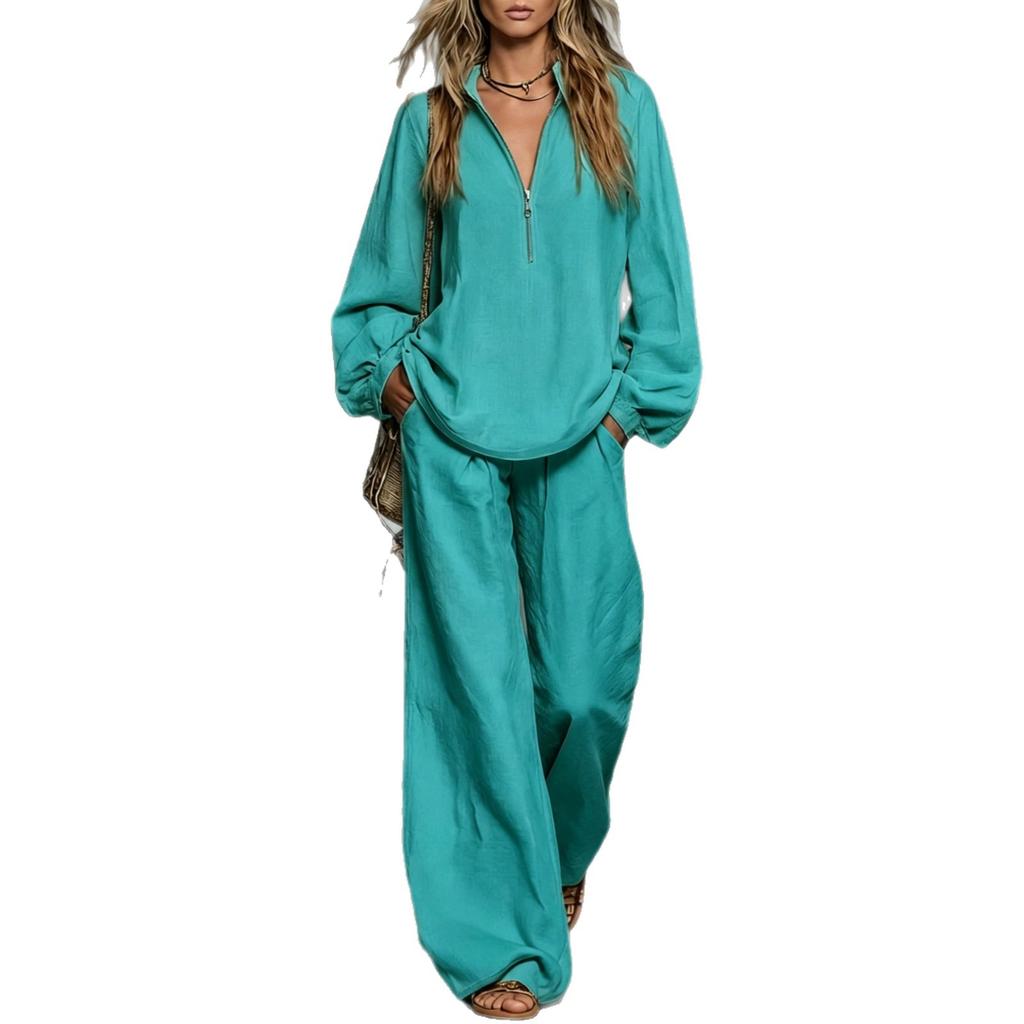 1116 popular women's clothing casual lapel half zipper lantern sleeve texture cotton and linen two-piece set