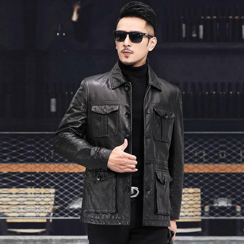 

Весенняя новая кожаная куртка мужская модная кожаная куртка с лацканами повседневное пальто средней и длинной длины M чёрный