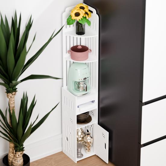 Small Bathroom Storage Cabinet Cabinet, Over The Toilet for Skinny Rack Corner Floor, Narrow with Paper Dispenser, Trash Can & Shelves (White)