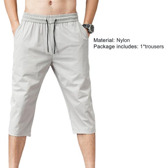 Solid Color Capri Pants Elastic Waist Men Drawstring 3/4 Length Cropped Trousers Sweatpants