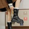 Height-increasing thick-soled and thin medium boots women's 2025 spring new belt buckle fashion boots leather high-heeled niche short boots