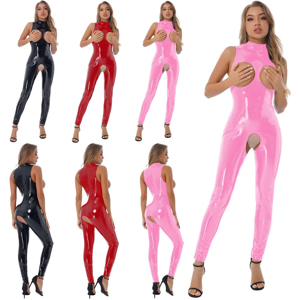 Women's Wetlook Bodysuit Latex Catsuit Leotard Patent Leather Sleeveless Bodycon Jumpsuit Sexy Lingerie Clubwear
