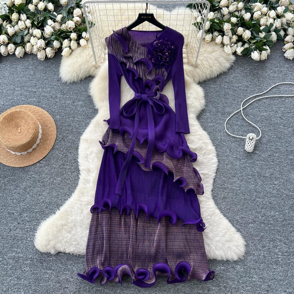 Autumn Winter Women Elegant 3D Flower Ruffles Miyake Fold Christmas Party Oversized Loose Lace-up Dresses