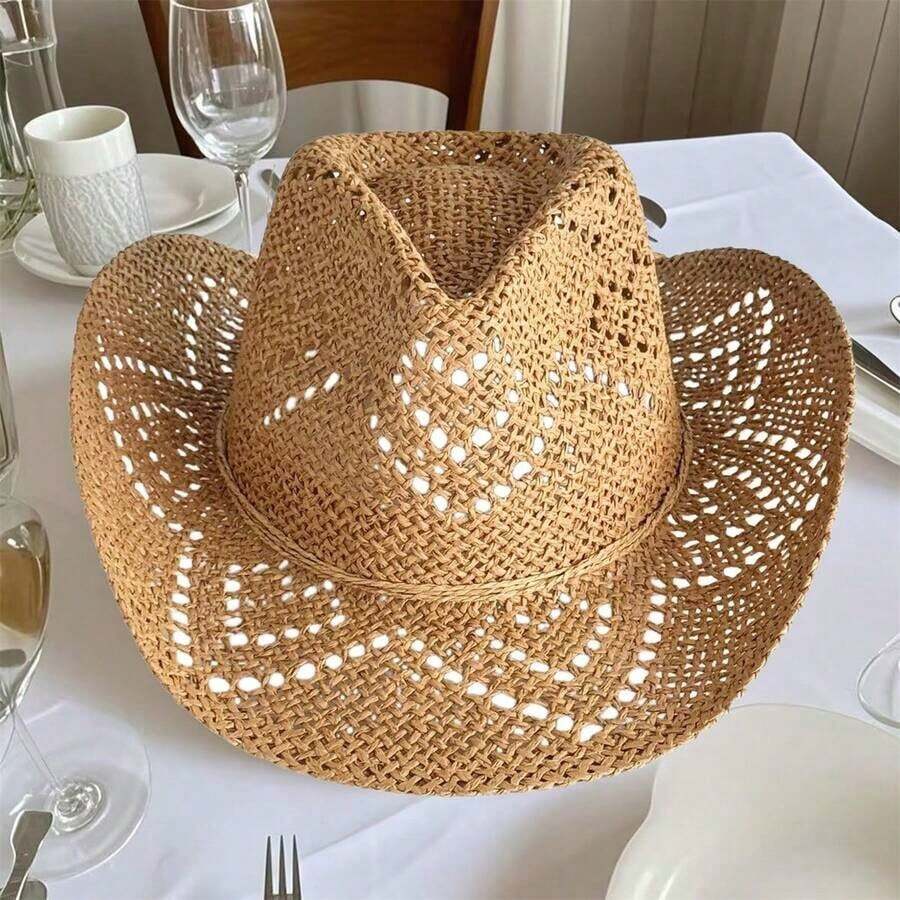Hollow Straw Western Cowboy Hat With Wide Brim For Summer Sun Protection
