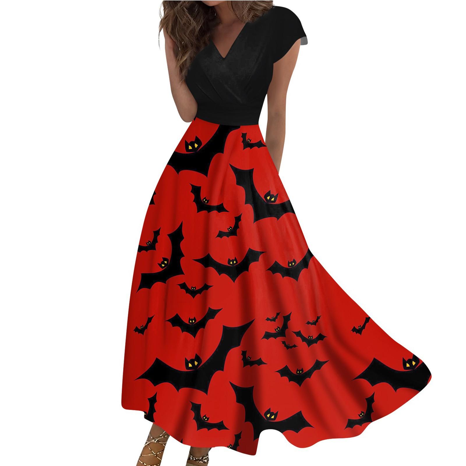 

Женское длинное платье Платье макси Повседневное платье Повседневное платье с короткими рукавами и V-образным вырезом в стиле бохо на талии Хэллоуин с принтом XXXL киноварь