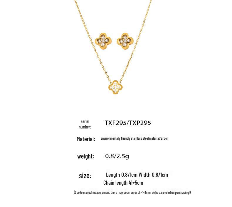 Qiong Yao 18K Gold Plated Four-Leaf Clover Zirconia Stud Earrings & Necklace Set