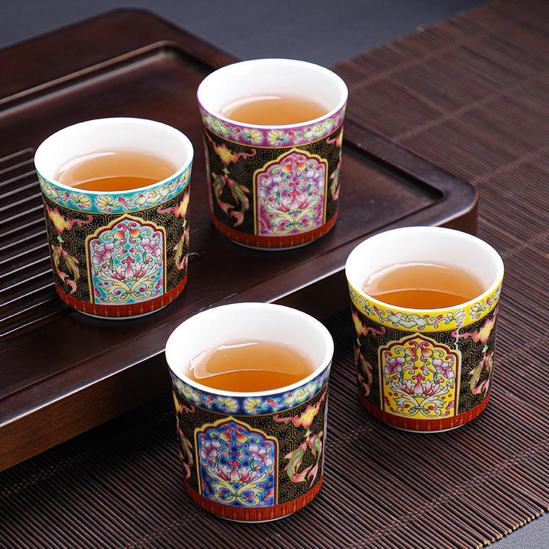 Enamel Color Tea Cup Tasting Cup Master Cup Chinese Retro Tea Cup Household Kung Fu Straight Mouth Cup Tea Set