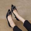 High heels women's 2025 new spring and autumn rhinestones French shallow soft leather pointed thin heels single shoes black with dress