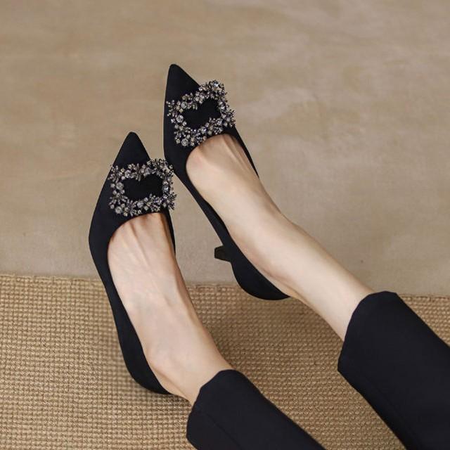 High heels women's 2025 new spring and autumn rhinestones French shallow soft leather pointed thin heels single shoes black with dress
