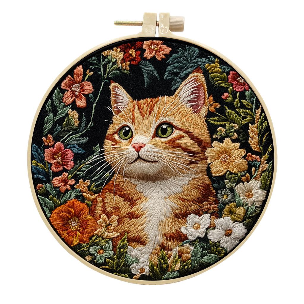 1pc Kitten and Flower Pattern Embroidery DIY Fabric Craft Kit with Tools