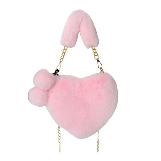 Lady Crossbody Bag Solid Color Fuzzy Faux Fur Decor Heart Shape Hollow