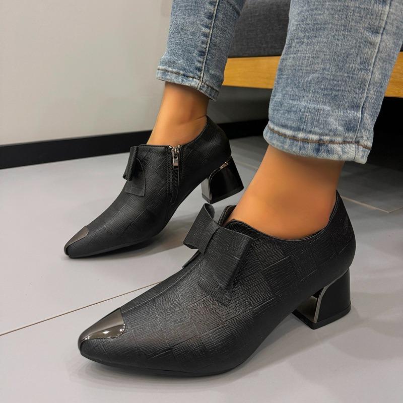 Fashion Soft Leather Block Heel Deep Mouth Single Shoes Women's Pointed Toe Deep Mouth Soft Sole Casual Side Zipper Kitten Heel Shoes