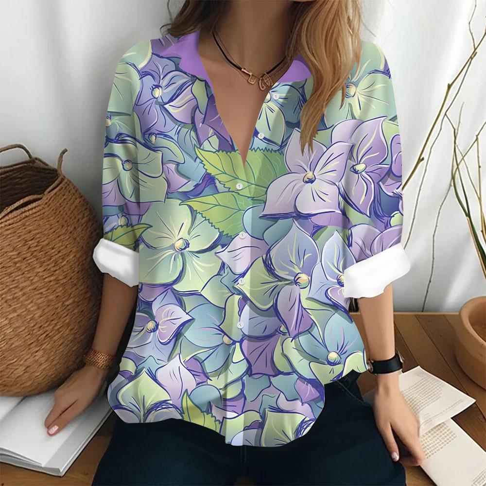 Women's Fashion Shirt Bottom Casual T-shirt Loose Lapel Top Long Sleeved Button Printed Clothing Party Elegant Women's Shirt